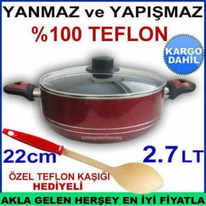 TEFLON KAŞIĞI HEDİYELİ 22cm CAM KAPAKLI YANMAZ YAPIŞMAZ TEFLON TENCERE
