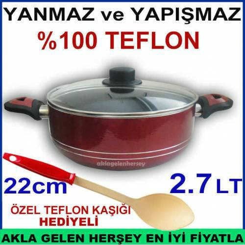 TEFLON KAŞIĞI HEDİYELİ 22cm CAM KAPAKLI YANMAZ YAPIŞMAZ TEFLON TENCERE