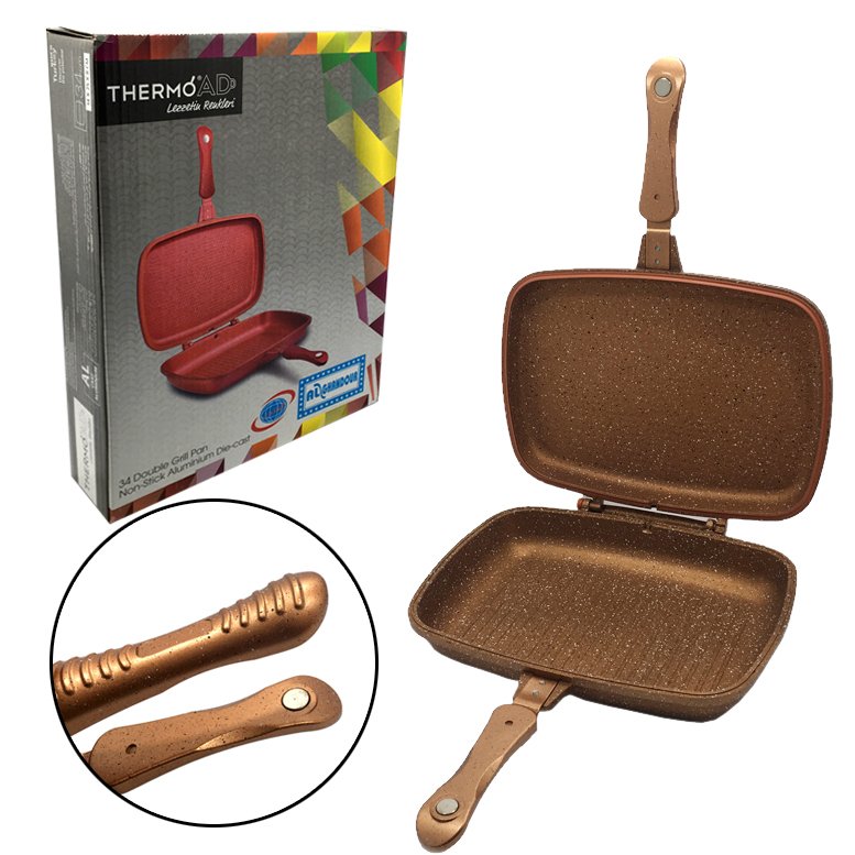 Thermoad Çift Taraflı 34cm Döküm Granit Grill Tava Mıknaslı Saplı Silikon Contalı