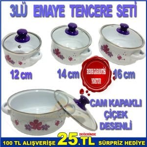 3lü SET LÜKS EMAYE CAM KAPAKLI SAKLAMA TENCERELERİ ÇİÇEK DESENLİ EMAYE TENCERE SETİ -1