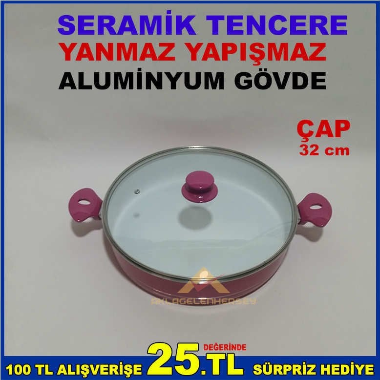 CAM KAPAKLI 32 CM ÇAPINDA YANMAZ YAPIŞMAZ SERAMİK TENCERE