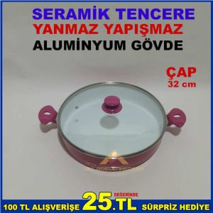CAM KAPAKLI 32 CM ÇAPINDA YANMAZ YAPIŞMAZ SERAMİK TENCERE