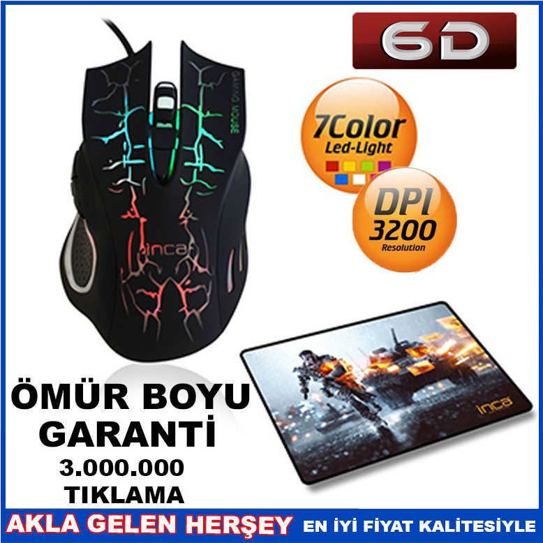 İNCA KABLOLU 3200 DPI OYUNCU MOUSE MOUSEPAD SETİ