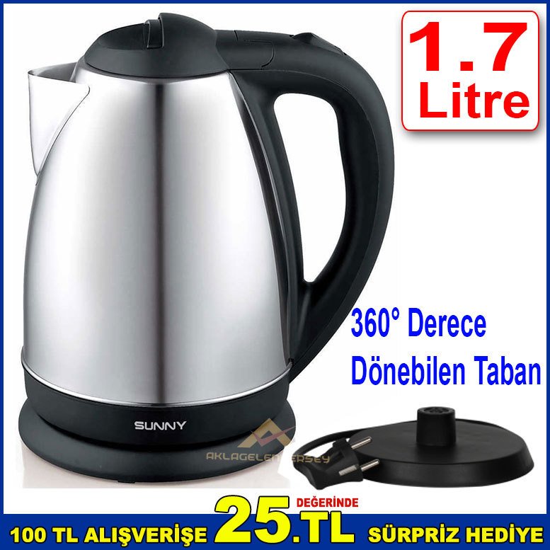 Sunny Paslanmaz Çelik Kettle Su Kaynadığında Otomatik Kapanan 1.7 Litre Kettle Su Seviye Göstergeli