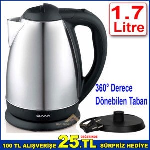 Sunny Paslanmaz Çelik Kettle Su Kaynadığında Otomatik Kapanan 1.7 Litre Kettle Su Seviye Göstergeli