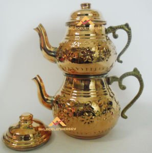 BÜYÜK İŞLEMELİ BAKIR ESKİTME DESENLİ ÇAYDANLIK