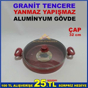CAM KAPAKLI 32 CM ÇAPINDA YANMAZ YAPIŞMAZ GRANİT TENCERE