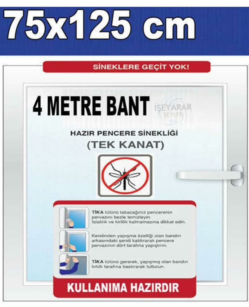 Tek Kanatlı Hazır Pencere Sinekliği 75x125cm Cırtlı-Yapışkanlı Tak Çıkar Kolay Montajlı Sineklik