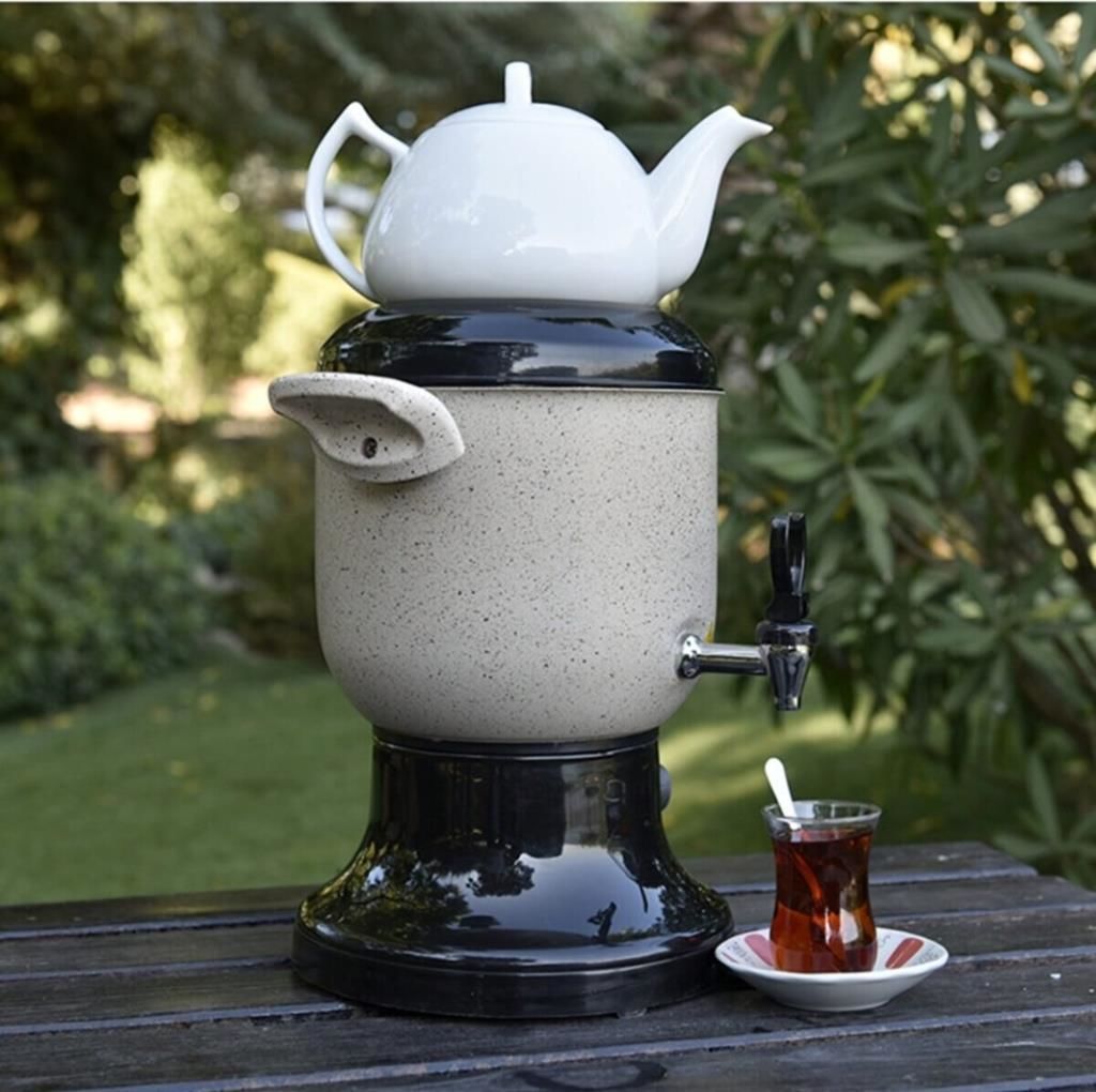 Granit Gövde Elektrikli Semaver 50 Bardak Çay Makinesi Porselen Demlik Emniyet Sistemli Termostatlı