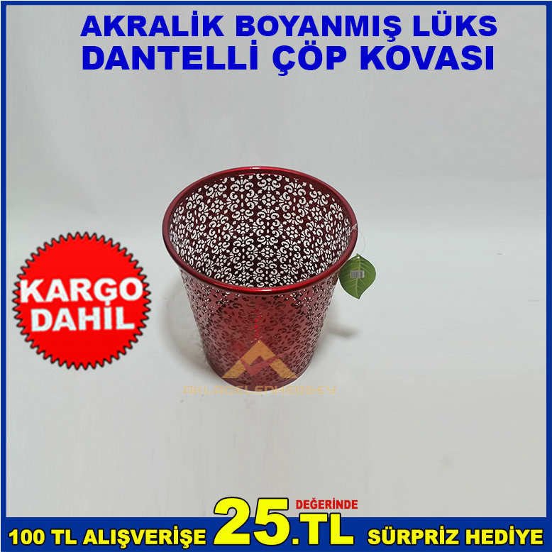 METALDEN ÜRETİLMİŞ LÜKS GÖRÜNÜMLÜ PARLAK VE AKRALİK BOYA İLE BOYANMIŞ DANTELLİ ÇÖP KOVASI-3