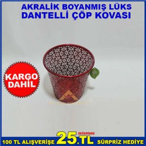 METALDEN ÜRETİLMİŞ LÜKS GÖRÜNÜMLÜ PARLAK VE AKRALİK BOYA İLE BOYANMIŞ DANTELLİ ÇÖP KOVASI-3