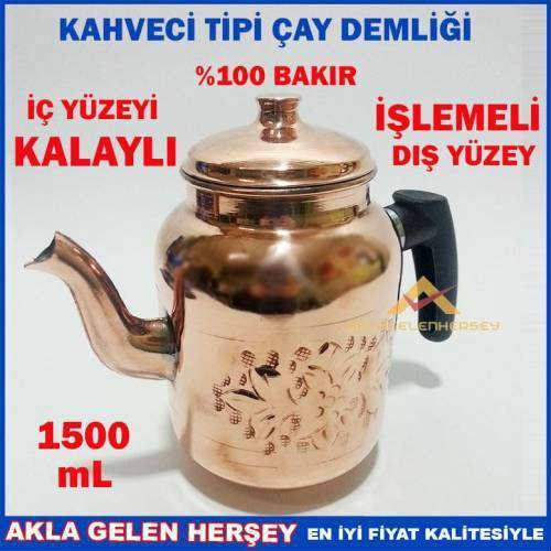 El İşi Çekiç Dövme %100 Bakır Demlik İç Yüzeyi Kalaylı Osmanlı Tipi Kahveci Tipi Çay Demliği 1500ml
