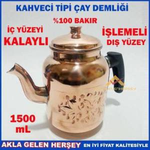 El İşi Çekiç Dövme %100 Bakır Demlik İç Yüzeyi Kalaylı Osmanlı Tipi Kahveci Tipi Çay Demliği 1500ml