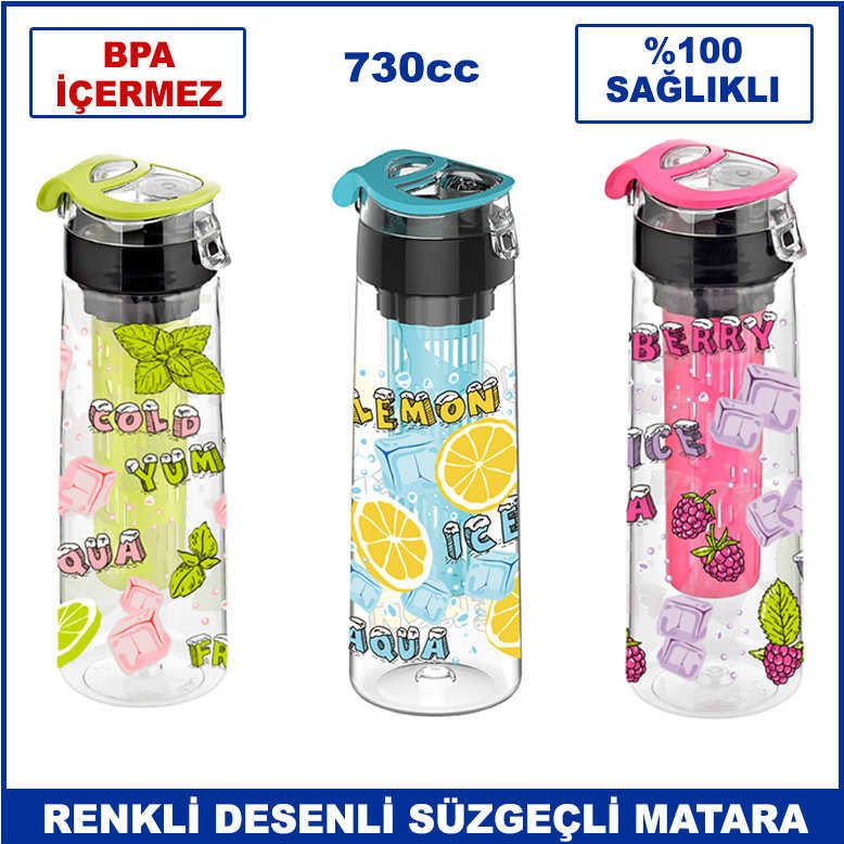 730cc Renkli Desenli Süzgeçli Detoks Matara - Süzgeçli Su Şişesi - Kamp Matarası - Renga Su Şişesi