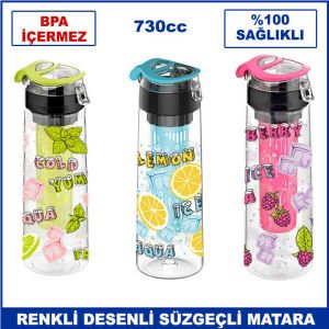 730cc Renkli Desenli Süzgeçli Detoks Matara - Süzgeçli Su Şişesi - Kamp Matarası - Renga Su Şişesi