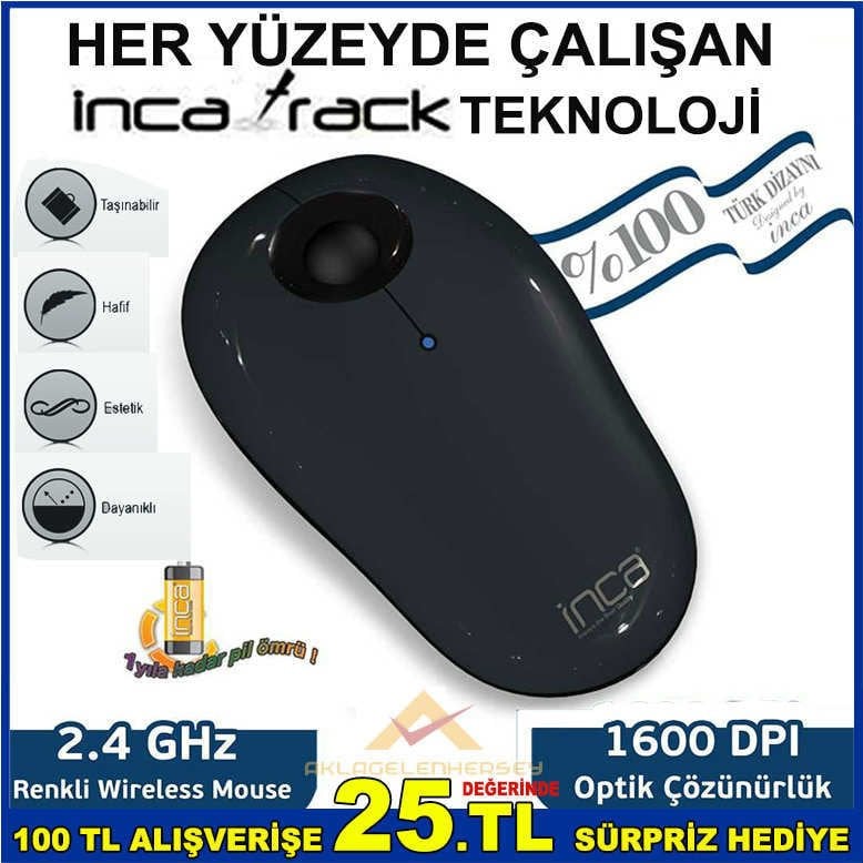 INCA VİVRE HER YÜZEYDE ÇALIŞABİLEN INCATRACK ERGONOMİK WIRELESS KABLOSUZ OPTİC MOUSE FARE