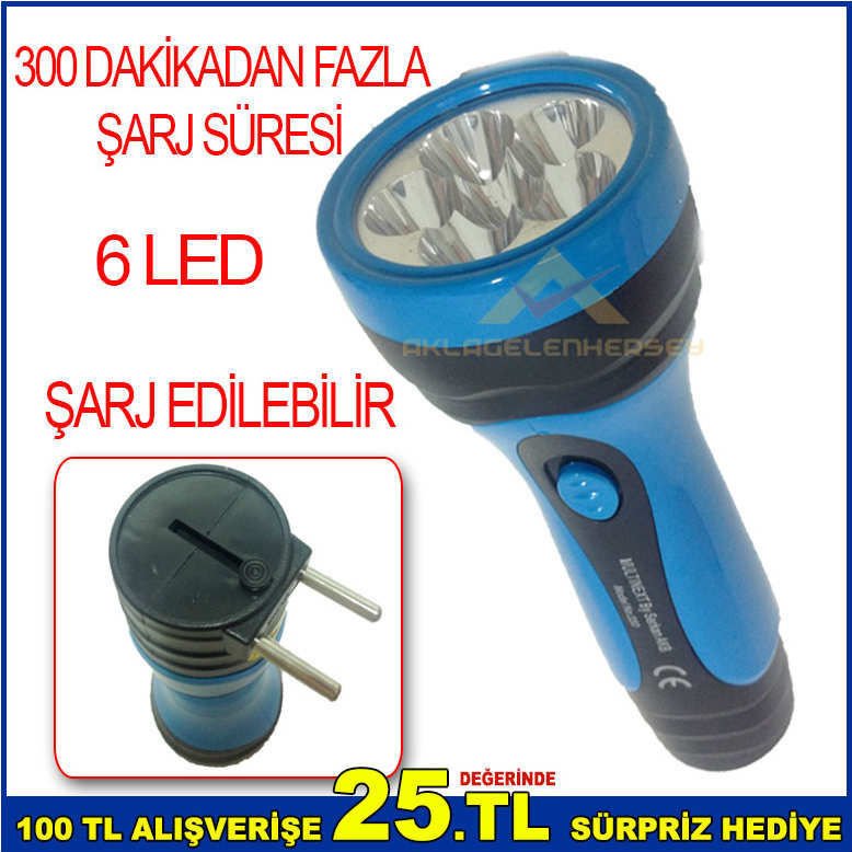 6 LED ŞARJLI PARLAKLIĞI AYARLANABİLİR 300 DAKİKADAN FAZLA DAYANIKLI ŞARJ SÜRELİ EL FENERİ