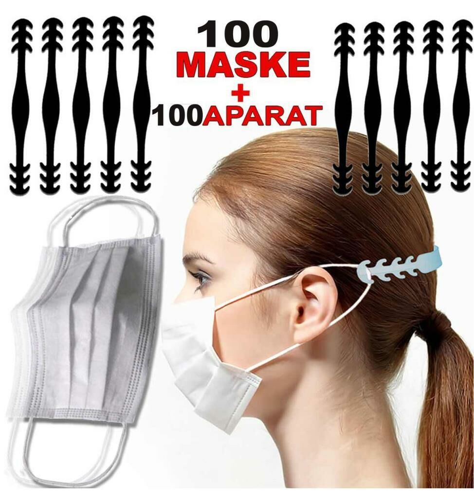 100 Adet Ultrasonik 3 kat Lastikli Yüz Maskesi ile+100 adet Kulak Koruyucu Kolay Maske Takma Aparatı