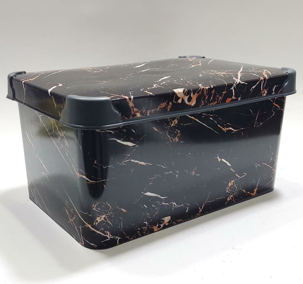 5 Litre Siyah Mermer Desen Kapaklı Dekoratif Kutu Plastik Saklama Kabı 28x19 h14cm Hediye için Süper