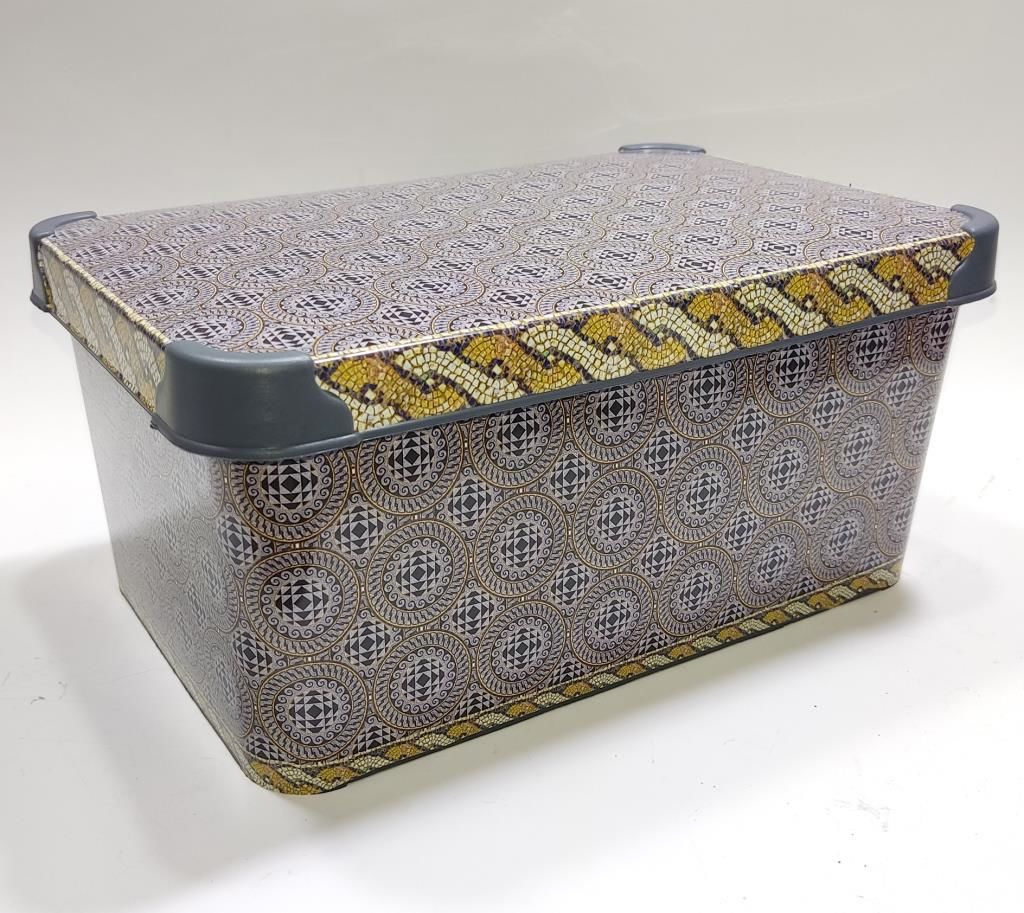 5 Litre Mozaik işli Desen Kapaklı Dekoratif Kutu Plastik Saklama Kabı 28x19 h14cm Hediye için Süper