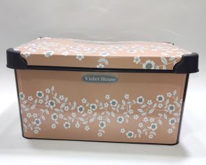10 Litre Beyaz Çiçek Desen Kapaklı Dekoratif Kutu Plastik Saklama Kabı 35x23 h17cm Hediye için Süper