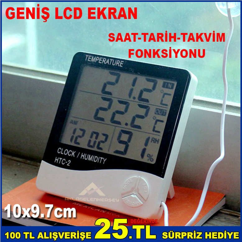İÇ VE DIŞ MEKAN ISI ve NEM ÖLÇER TERMOMETRE ÇOK FONKSİYONLU GENİŞ LCD EKRAN SAAT,TARİH-TAKVİM AYARLI
