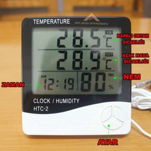 İÇ VE DIŞ MEKAN ISI ve NEM ÖLÇER TERMOMETRE ÇOK FONKSİYONLU GENİŞ LCD EKRAN SAAT,TARİH-TAKVİM AYARLI