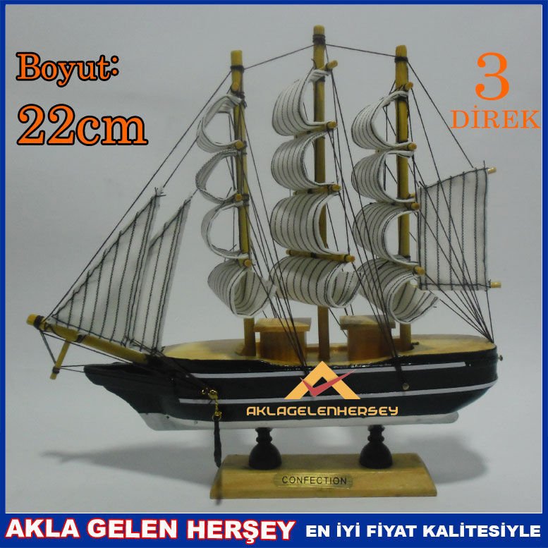 3 DİREKLİ 22 CM YELKENLİ AHŞAP MAKET GEMİ 