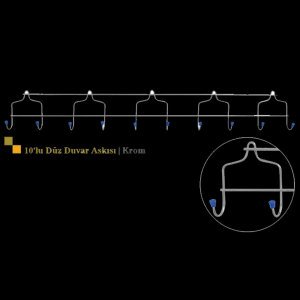 10 Kancalı Düz Duvar Askılığı 68cm Uzunluğunda Büyük Boy Metal Eşya Taşıyıcı Askılık