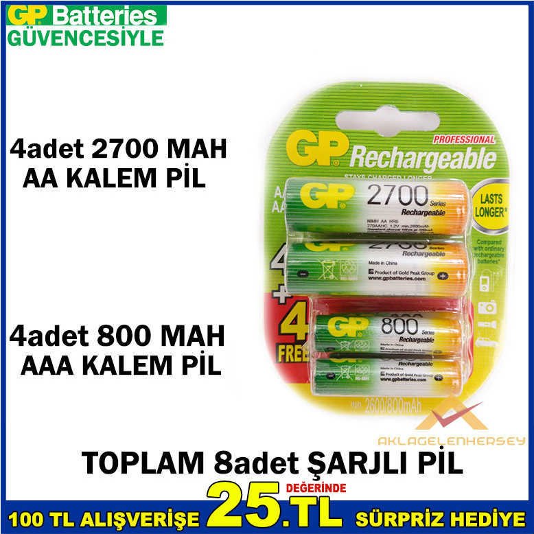 4adet AA 2700 + 4adet AAA 800 ŞARJLI KALEM PİL -1