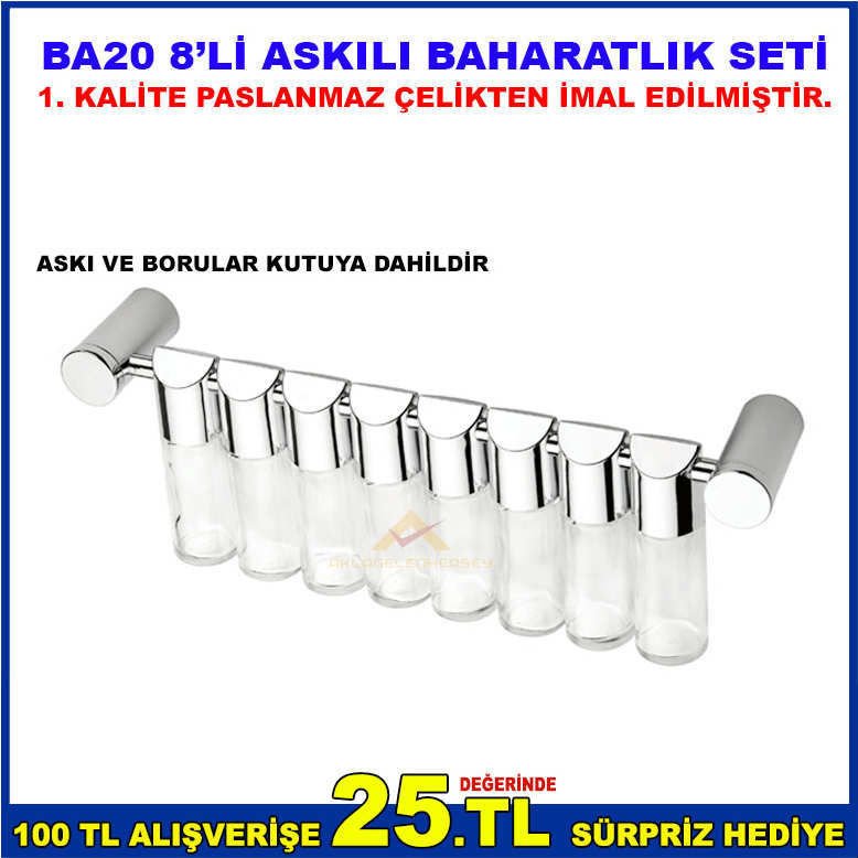 BA20 8'Lİ ASKILI BAHARATLIK SETİ ASKI VE BORU İÇİNE DAHİL 1.SINIF PASLANMAZ ÇELİKTEN İMAL EDİLMİŞTİR