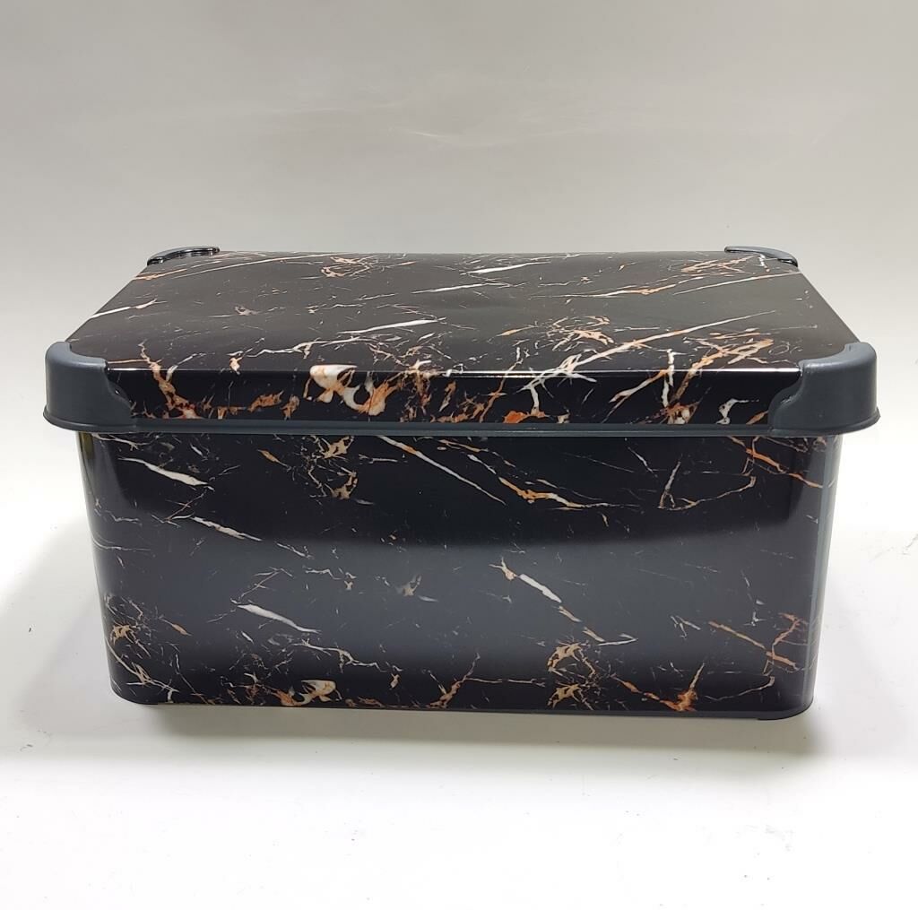 10 Lt Siyah Mermer Desenli Kapaklı Dekoratif Kutu Plastik Saklama Kabı 35x23 h17cm Hediye için Süper