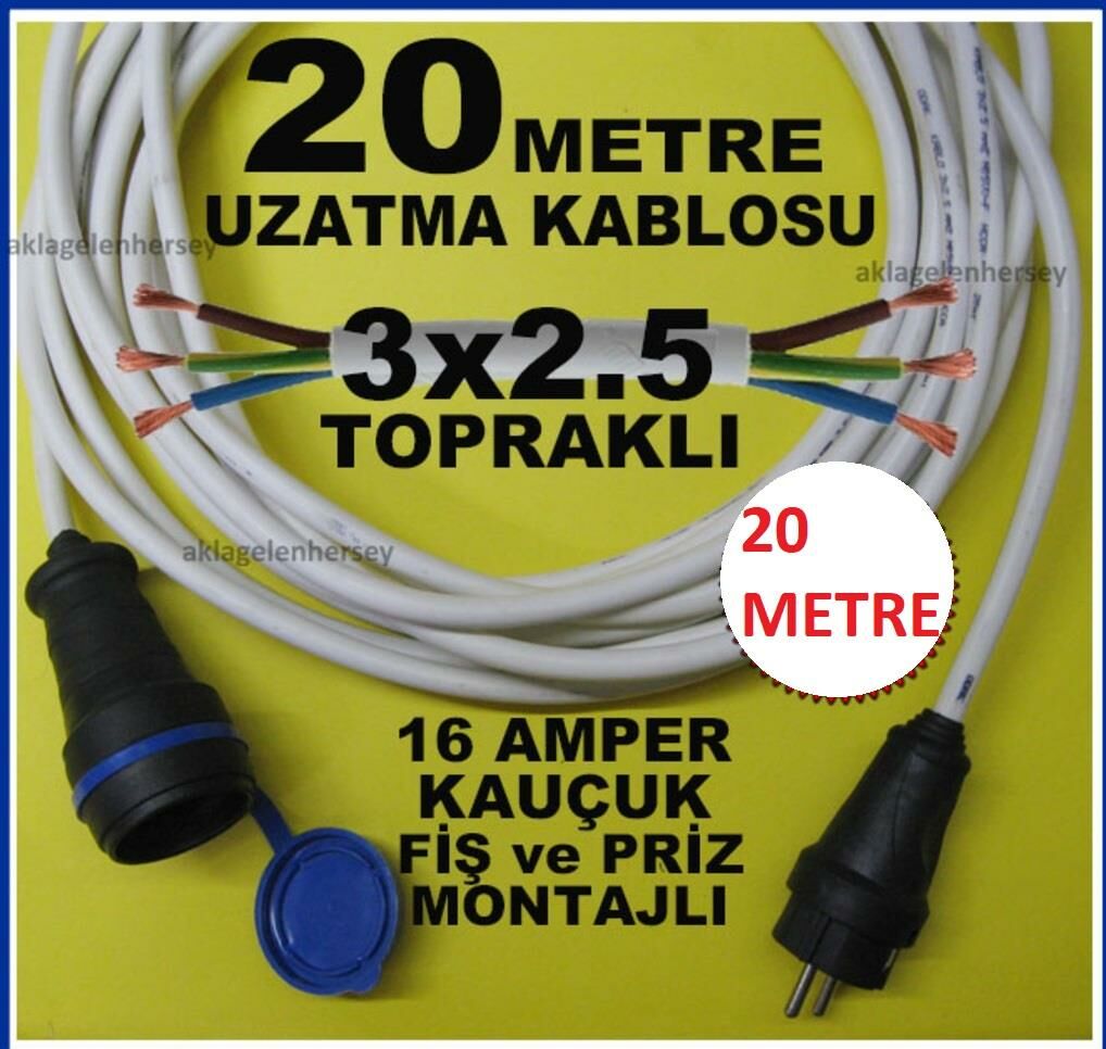 kauçuk fiş-priz 3x2.5 sağlam uzatma kablosu 20 mt