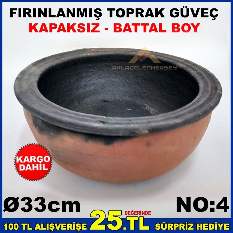 33cm BATTAL BOY KAPAKSZ FIRINLANMIŞ TOPRAK GÜVEÇ