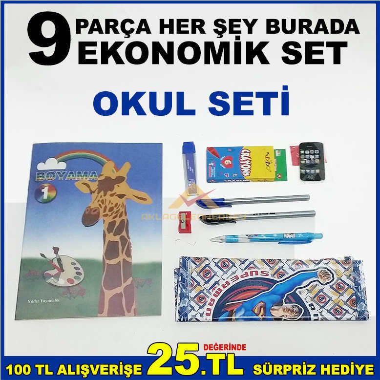 9 PARÇA HER ŞEY BURADA EKONOMİK OKUL KIRTASİYE SETİ