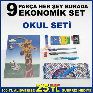 9 PARÇA HER ŞEY BURADA EKONOMİK OKUL KIRTASİYE SETİ