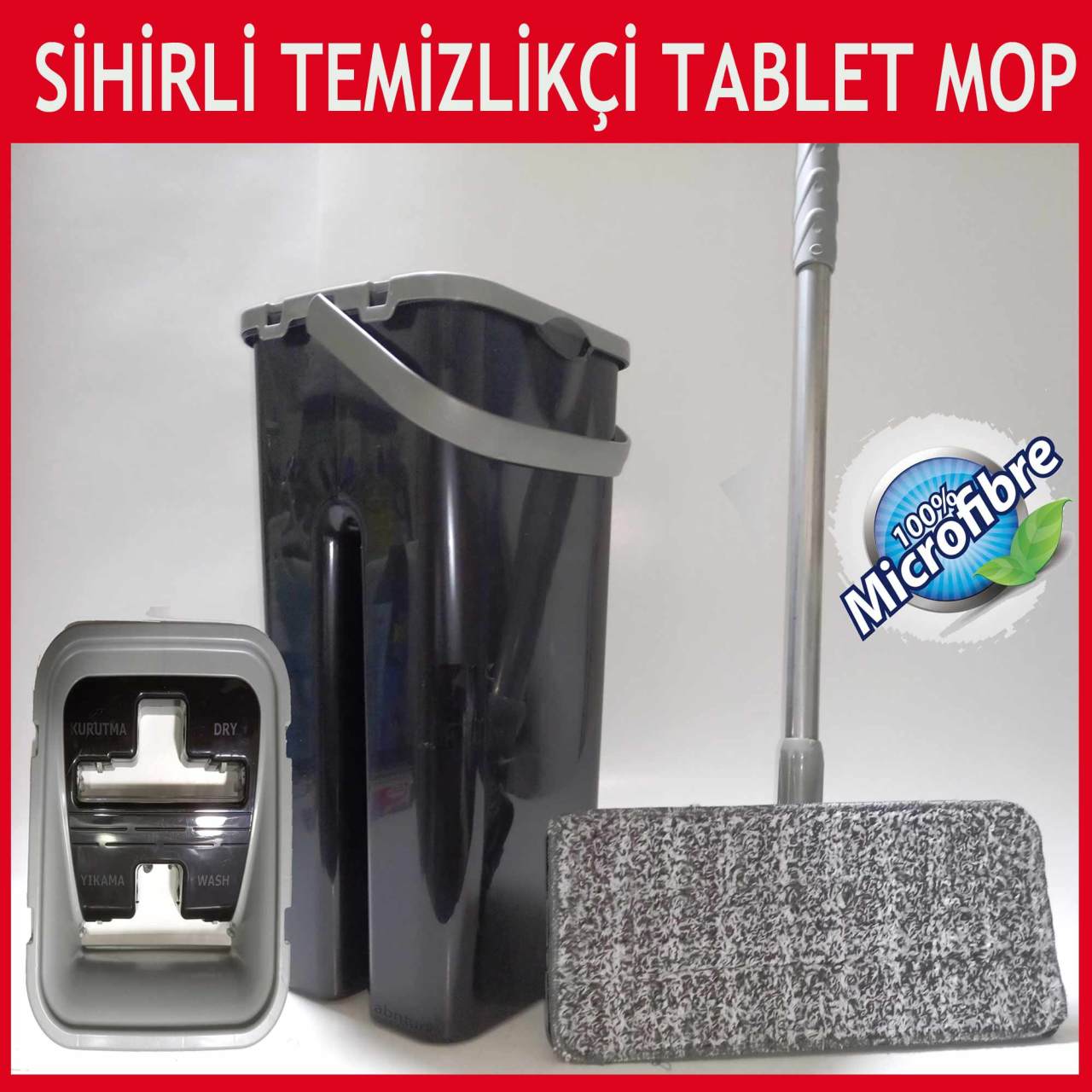 Microfiber Tablet Mop Çift Hazne Siyah Kovalı Ultra Temizlik Seti 4+4=8 Litre Kova+Metal Sap ve Paspas Fiyata Dahil Yıkama-Durulama ve Kurutma Hazneli Tam Set