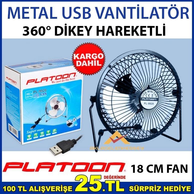 PLATOON PL-9928 18cm BÜYÜK BOY METAL SESSİZ USB VANTİLATÖR