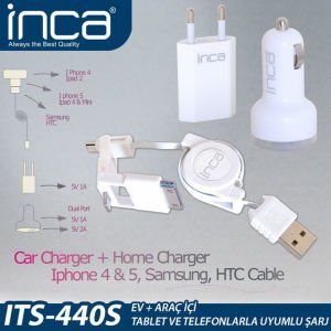 İnca Çoklu Şarj Seti Ev ve Araba İçin Makaralı Universal İphone 4&5&6&7 Samsung ve HTC Uyumlu