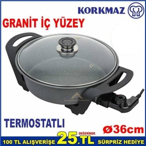 Granit İç Yüzeyli Korkmaz Pizzamatik 36cm 1600w Termostatlı Elektrikli Tencere,Pizza Tavası