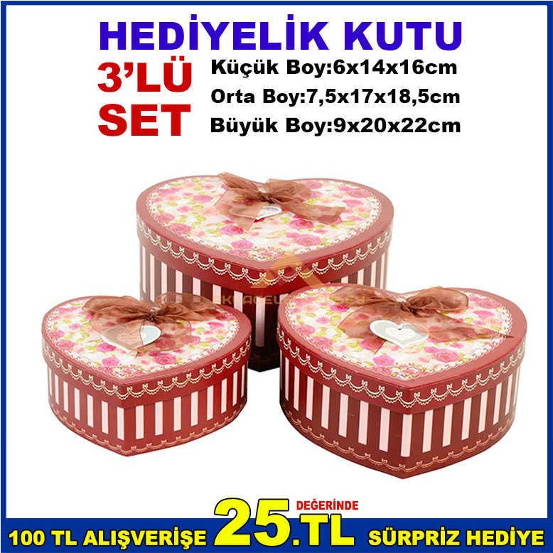 KALP ŞEKLİNDE ÇİÇEK DESENLİ İÇ İÇE GEÇMELİ 3'LÜ SET KURDELELİ HEDİYELİK KUTU