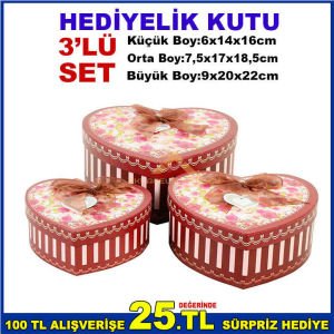 KALP ŞEKLİNDE ÇİÇEK DESENLİ İÇ İÇE GEÇMELİ 3'LÜ SET KURDELELİ HEDİYELİK KUTU