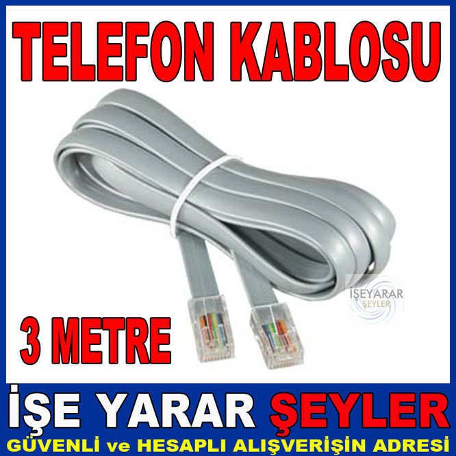 3 METRE TELEFON KABLOSU TEK HATLI 2 UCU JACKLI