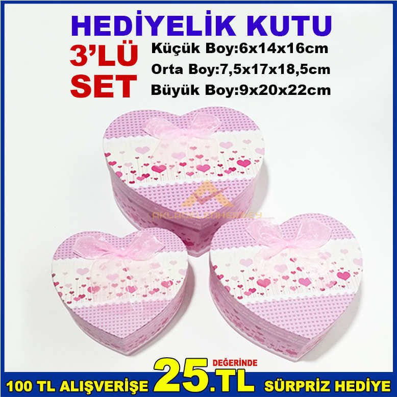 KALP ŞEKLİNDE ÇİÇEK DESENLİ İÇ İÇE GEÇMELİ 3'LÜ SET KURDELELİ HEDİYELİK KUTU