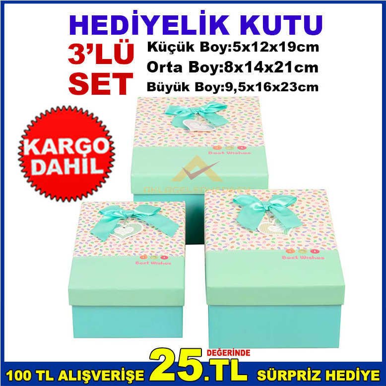 DİKDÖRTGEN ŞEKLİNDE İÇ İÇE GEÇMELİ 3'LÜ SET KURDELELİ HEDİYELİK KUTU