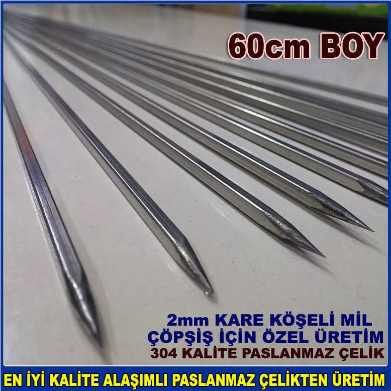 Eniyi kalite çelikten üretim uzun boy metal çöpşiş çubuğu 304 kalite çelikten 60cm köşeli çöp şiş