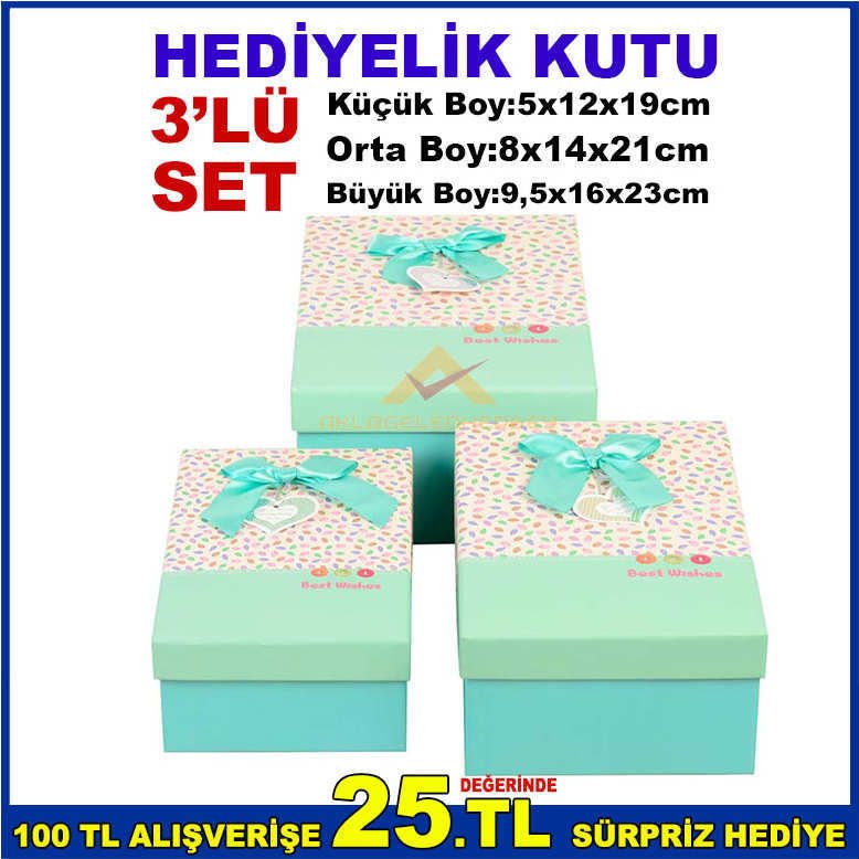 DİKDÖRTGEN ŞEKLİNDE İÇ İÇE GEÇMELİ 3'LÜ SET KURDELELİ HEDİYELİK KUTU