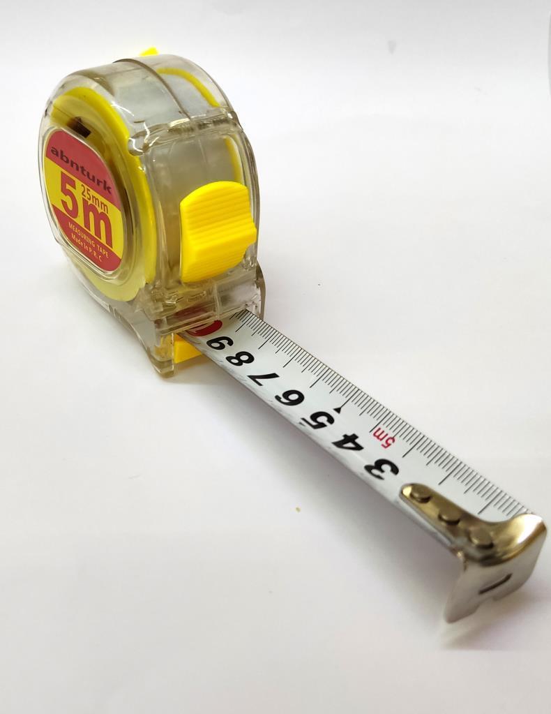 Şeffaf Kasalı Şerit Çelik Metre 5 metre Boy-25mm Fren Sistemli Otomatik Sağlam Şık Şerit Metre