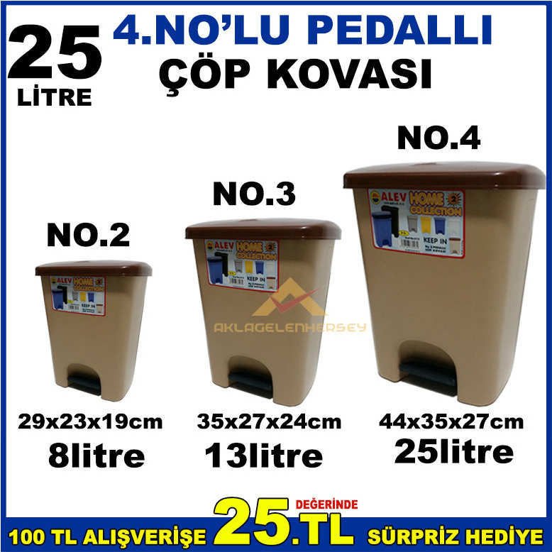 25 LİTRE PEDALLI KALİTELİ PLASTİK ÇÖP KOVASI NO.4 44x35x27cm -1