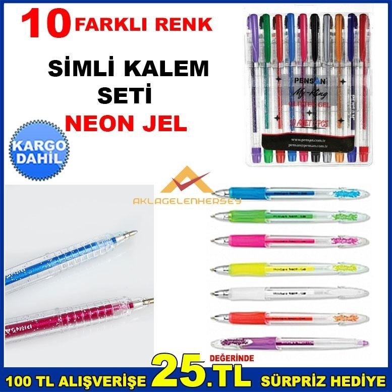 10 FARKLI RENK PENSAN SİMLİ NEON JEL KALEM SETİ